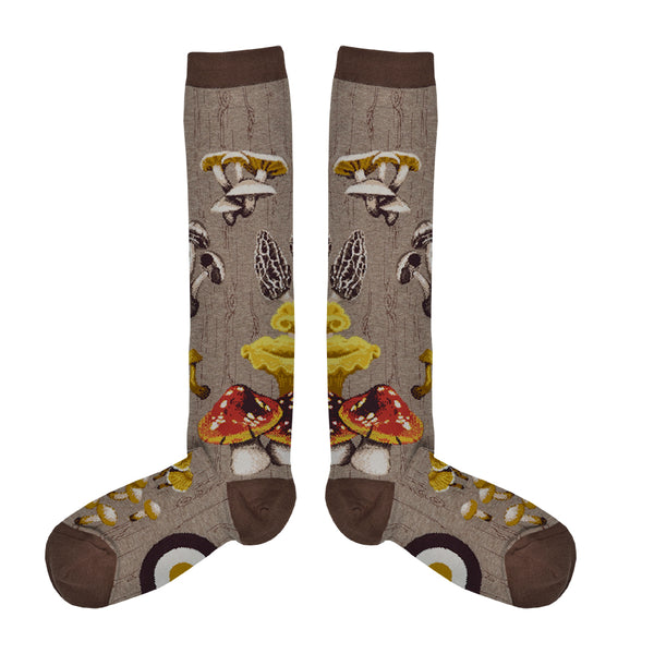These heather brown cotton women's knee high socks feature a variety of red, brown and yellow mushrooms throughout.