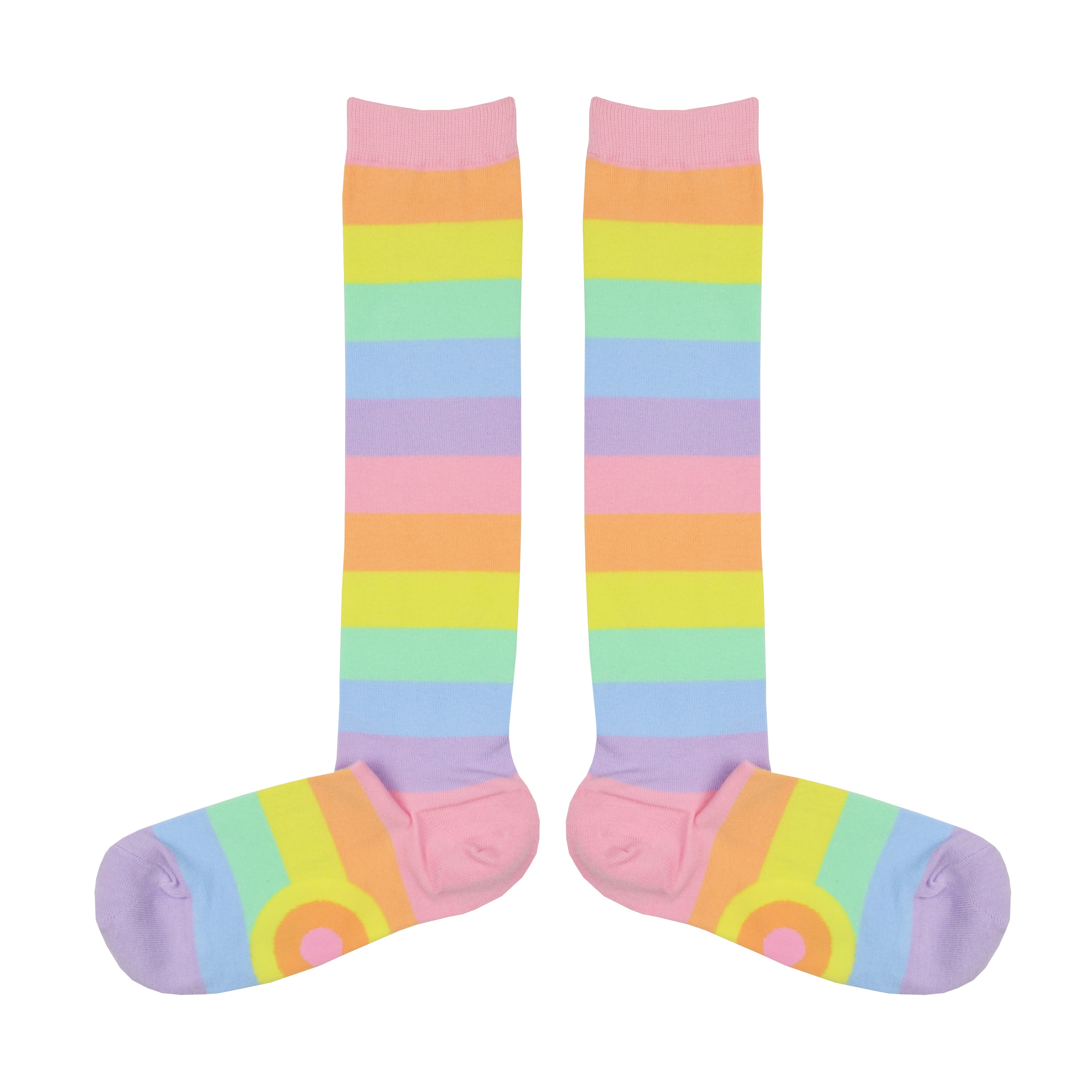 A pair of knee high rainbow striped socks in pastel pink, orange, yellow, green, blue and, purple. 