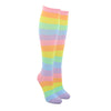 Shown on leg forms, a pair of knee high rainbow striped socks in pastel pink, orange, yellow, green, blue and, purple.