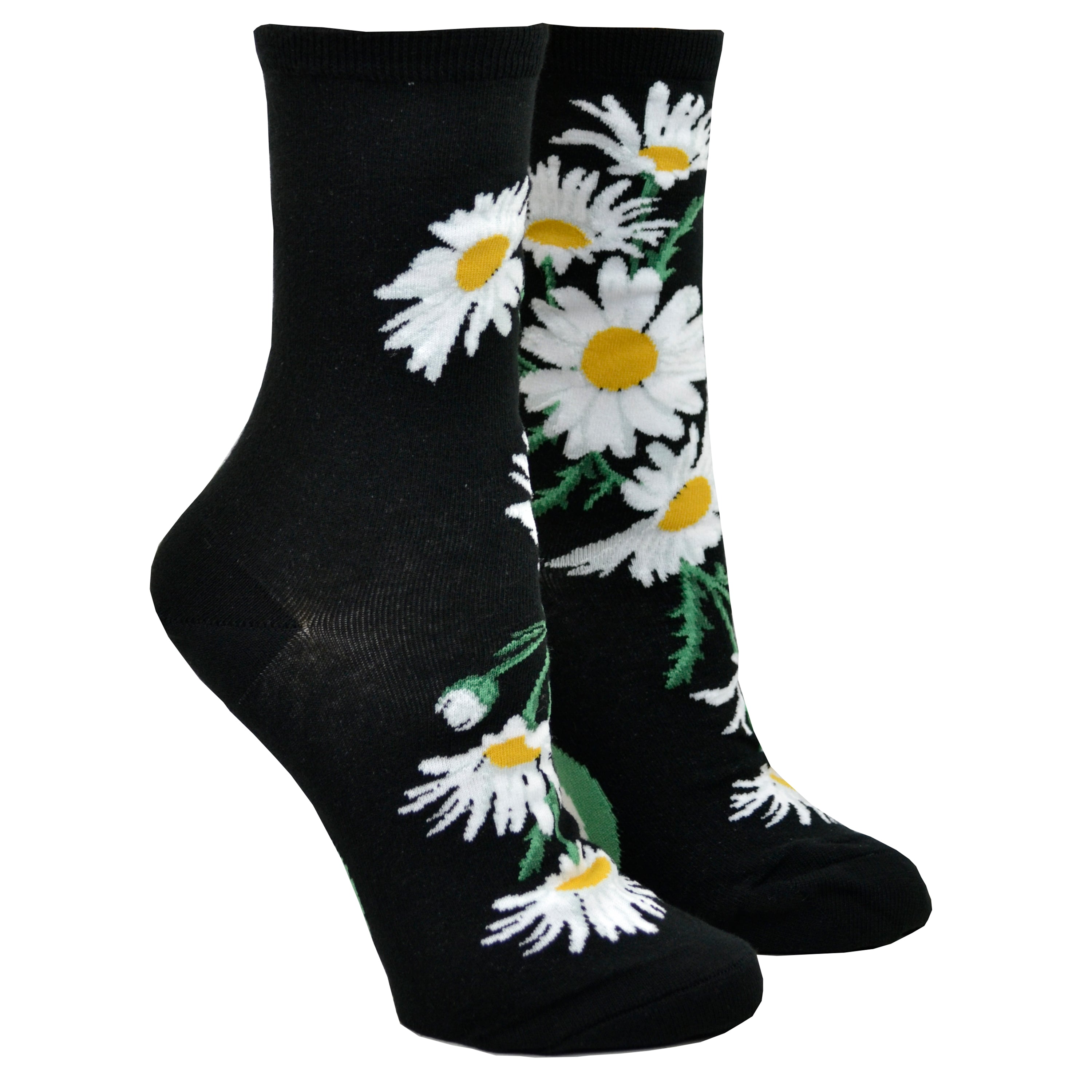 Shown on leg forms from the side, a pair of ModSocks brand women's cotton crew sock in black with an all over design of classic white and yellow daisies.