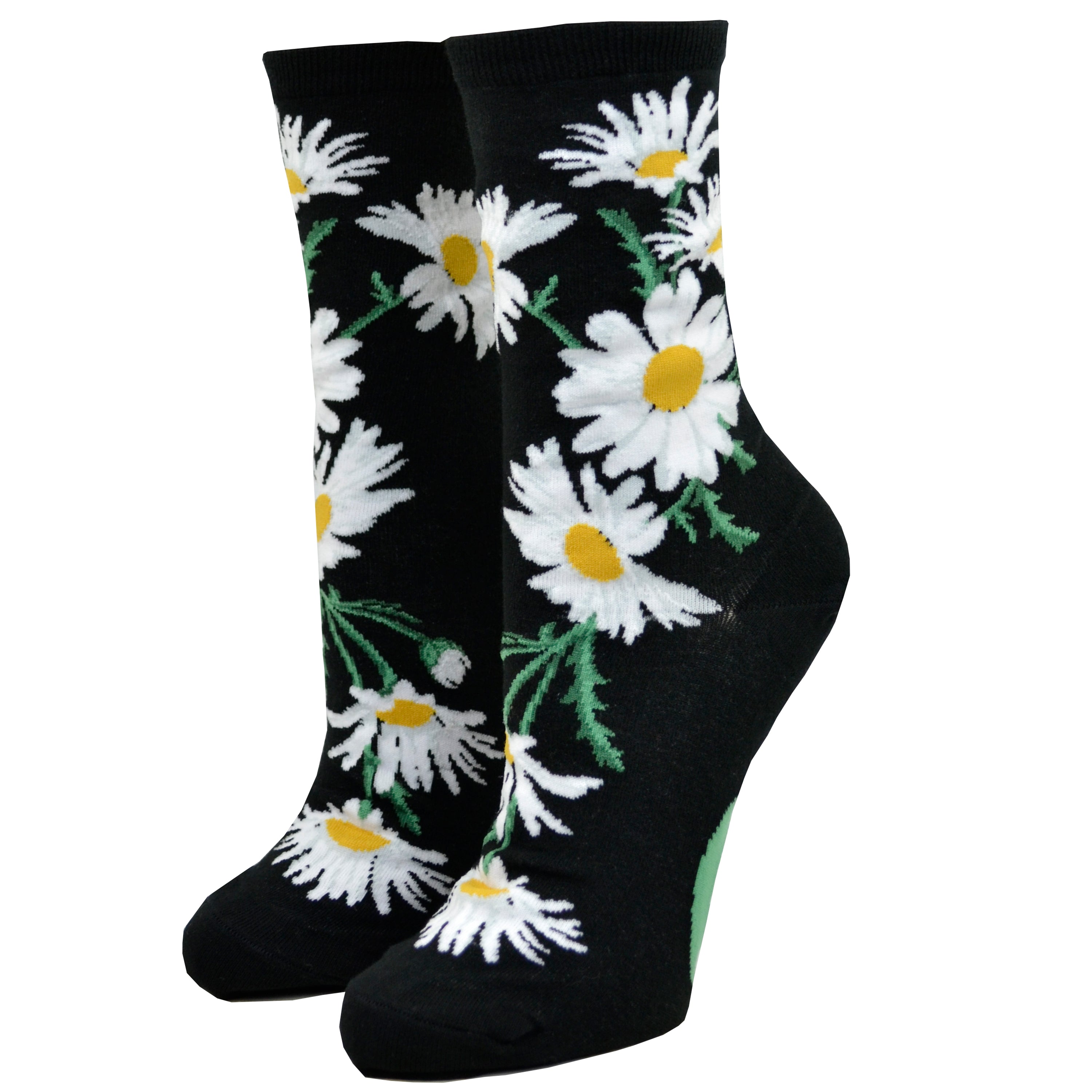 Shown on leg forms from the side, a pair of ModSocks brand women's cotton crew sock in black with an all over design of classic white and yellow daisies.