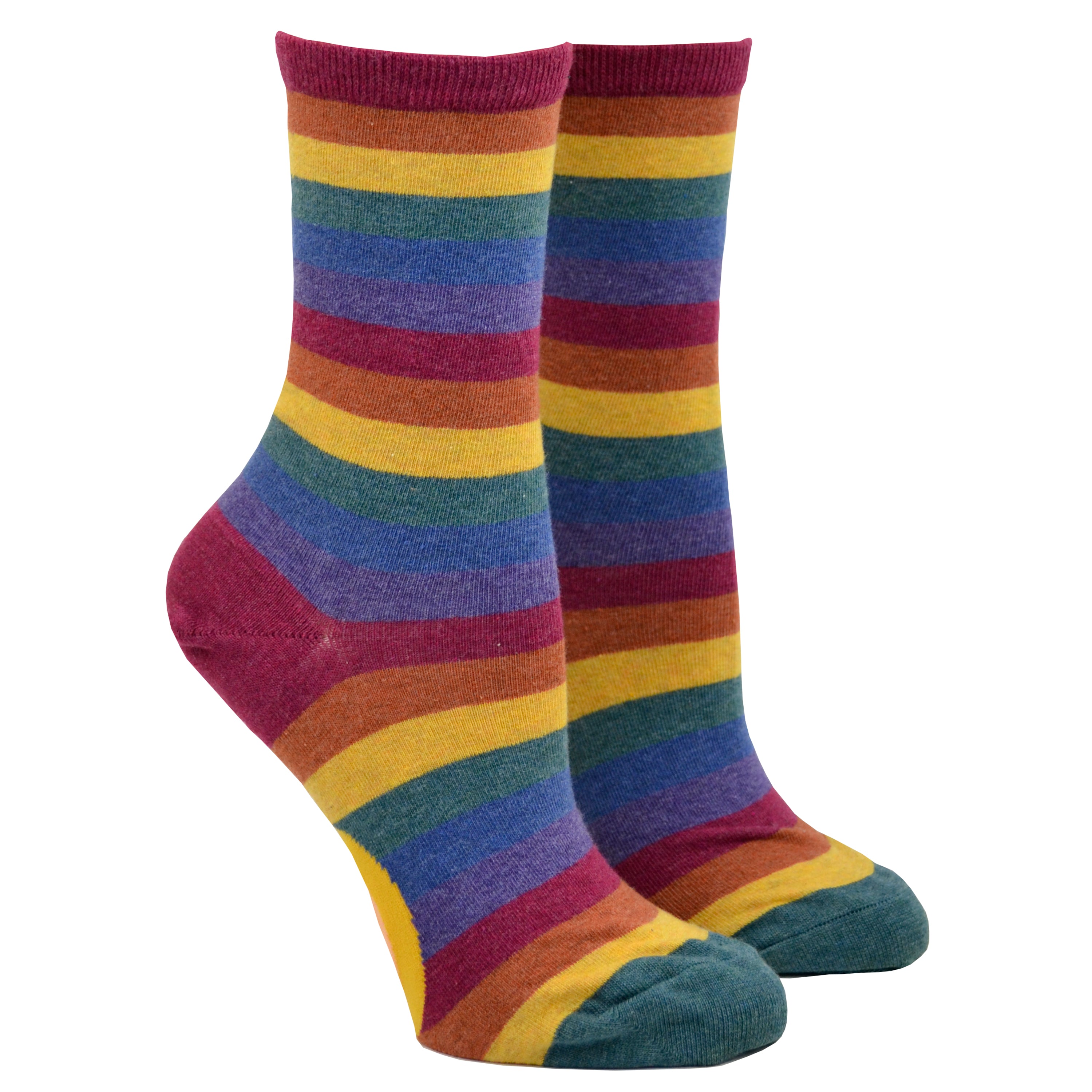 Shown on leg forms, a pair of women's cotton crew socks by ModSocks. These socks feature a muted rainbow stripe in red, burnt orange, matte gold, emerald green, dark blue, and purple.