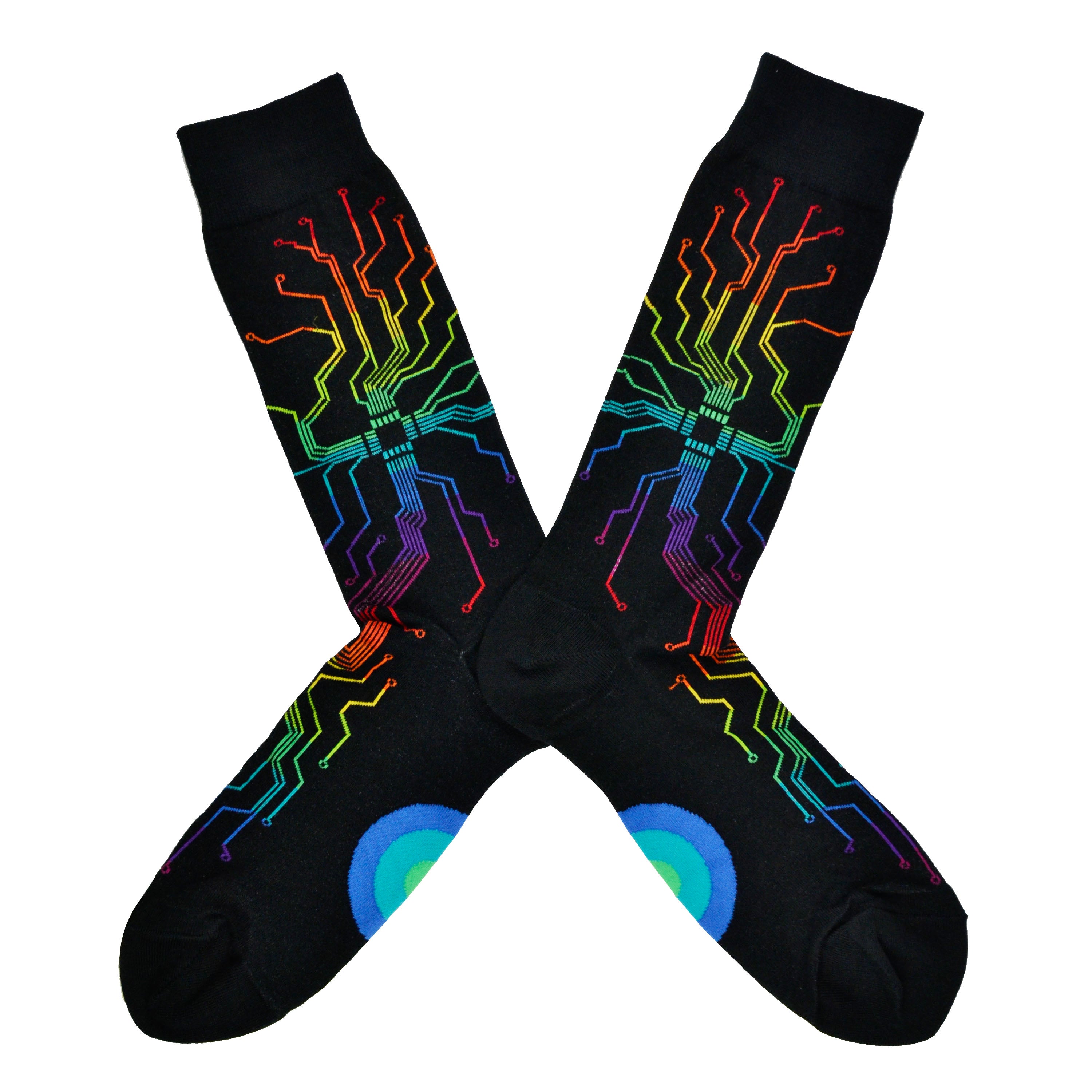 Shown in a flatlay, a pair of Mod Socks’ black cotton men's crew socks with a rainbow computer motherboard pattern