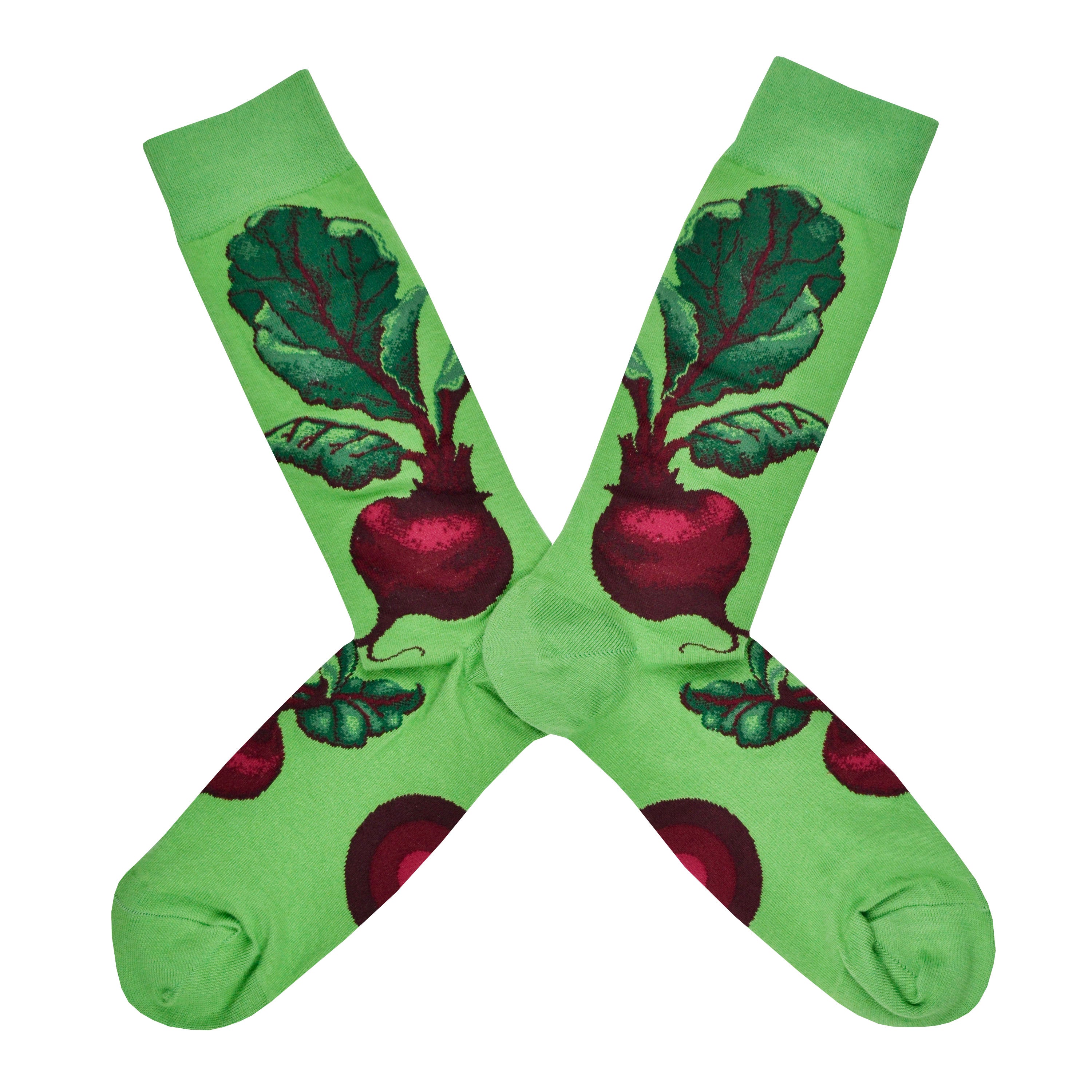 Shown in a flatlay, a pair of Mod Socks’ green cotton men's crew socks with large, uprooted beetroot plant