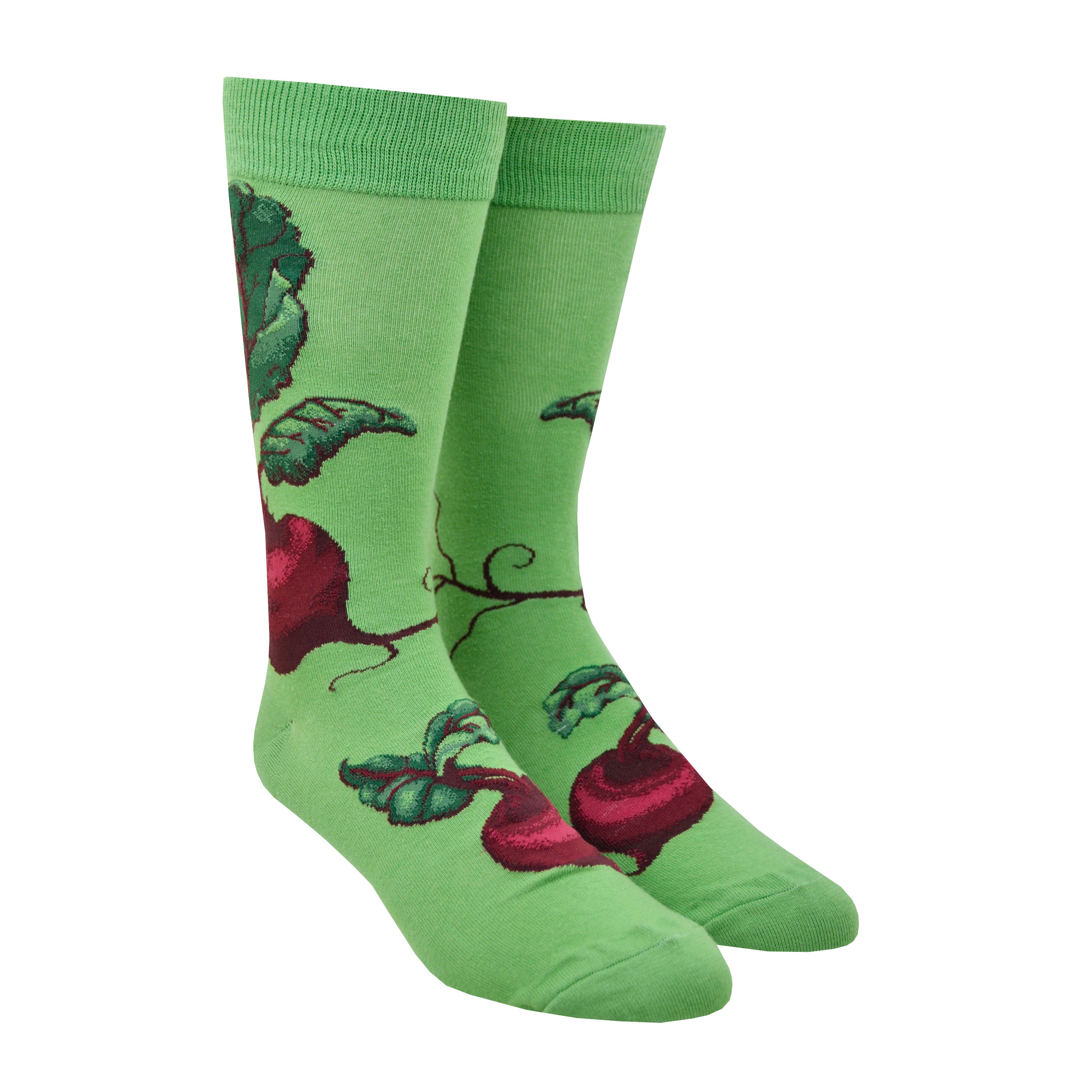 Shown on a foot form, a pair of Mod Socks’ green cotton men's crew socks with large, uprooted beetroot plant