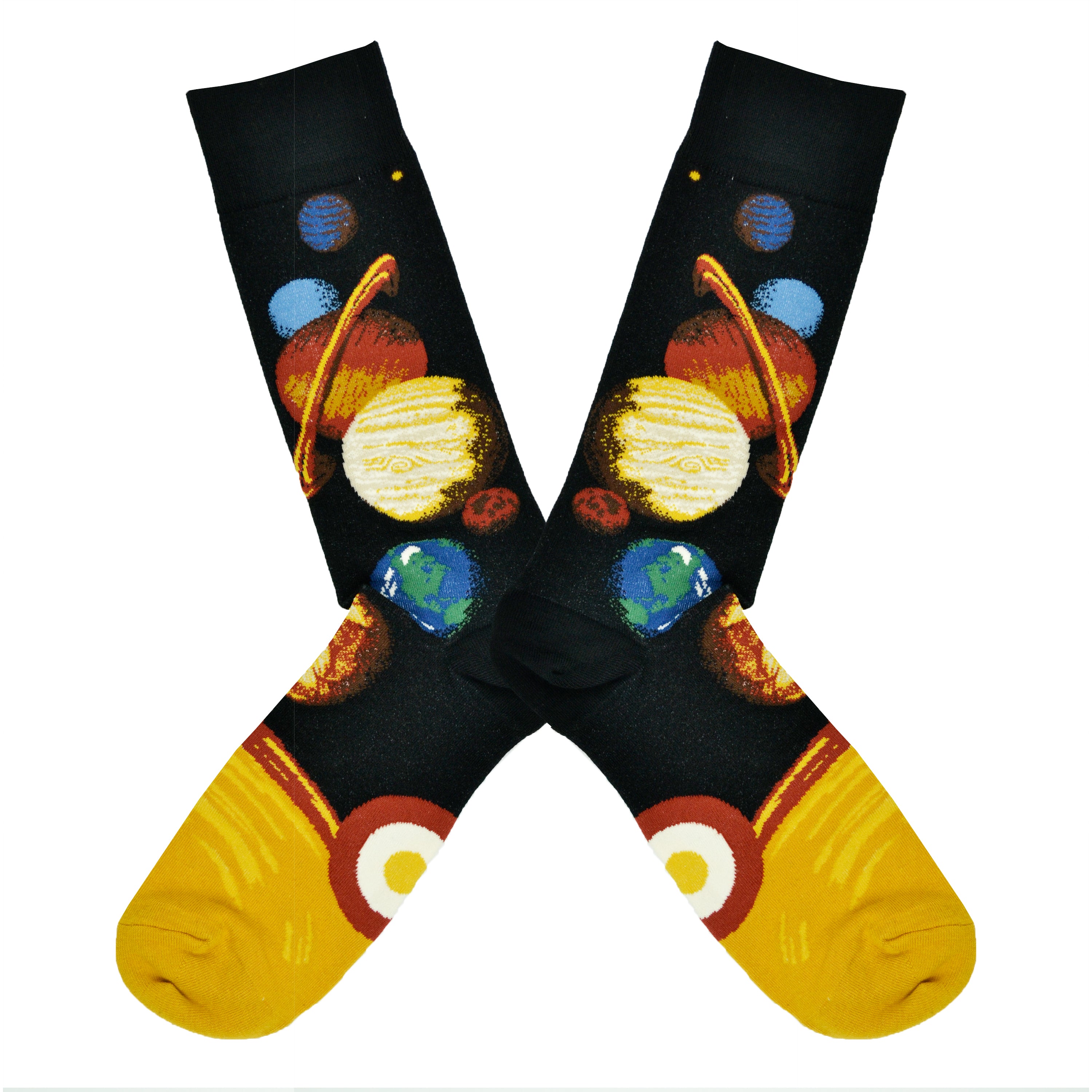 Shown in a flatlay, a pair of Mod Socks’ black cotton men's crew socks with the entire planetary system in large detail