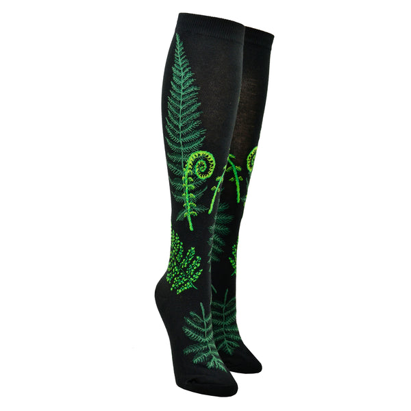 Shown on leg forms, a pair of women's Mod Socks brand knee high cotton socks in black with green ferns and fiddleheads from the foot to the cuff.