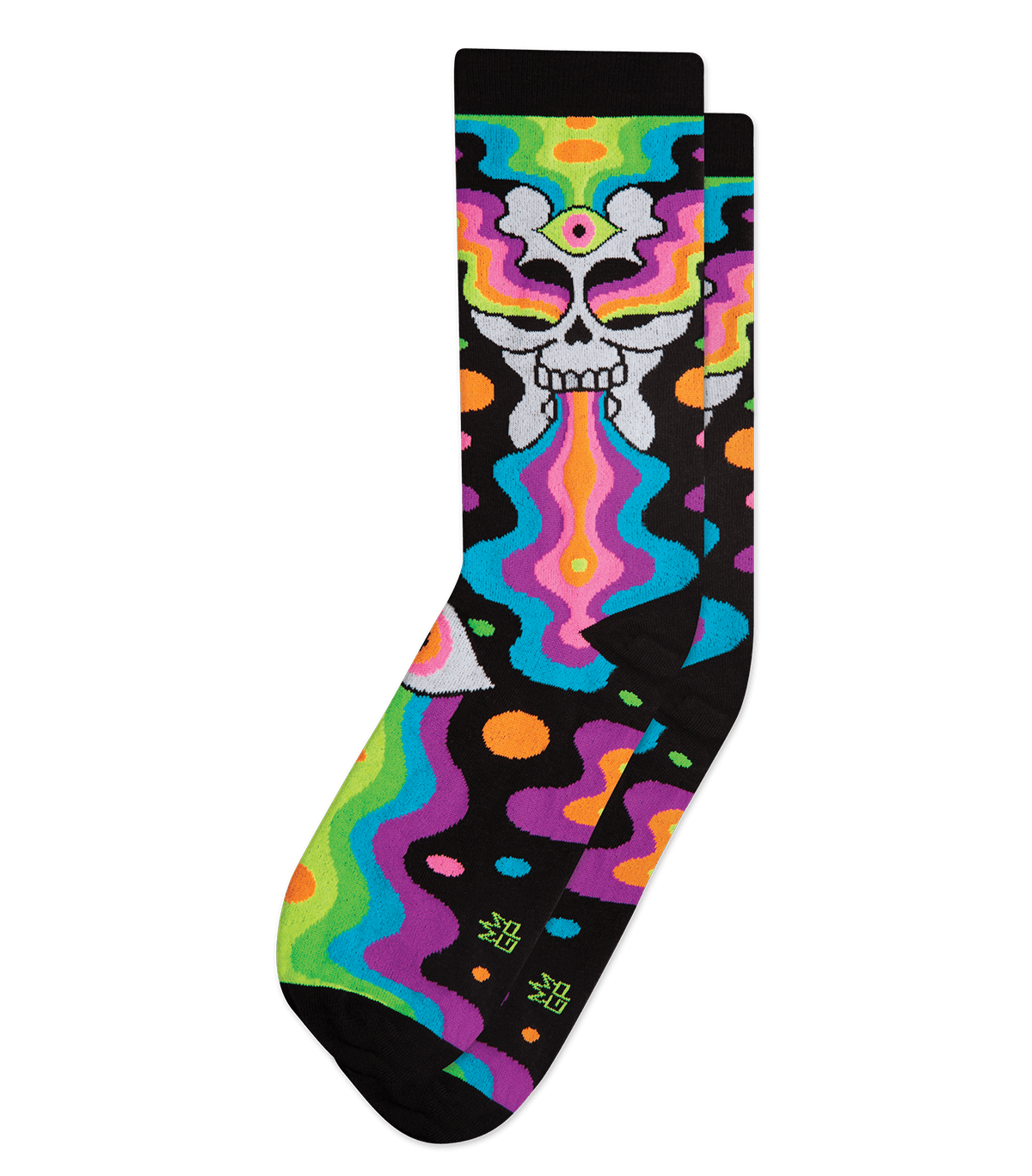 Shown in a relaxed flatlay, a pair of Gumball Poodle black cotton crew socks with illustrative skull spewing neon rainbow psychedelic spirals all down the foot