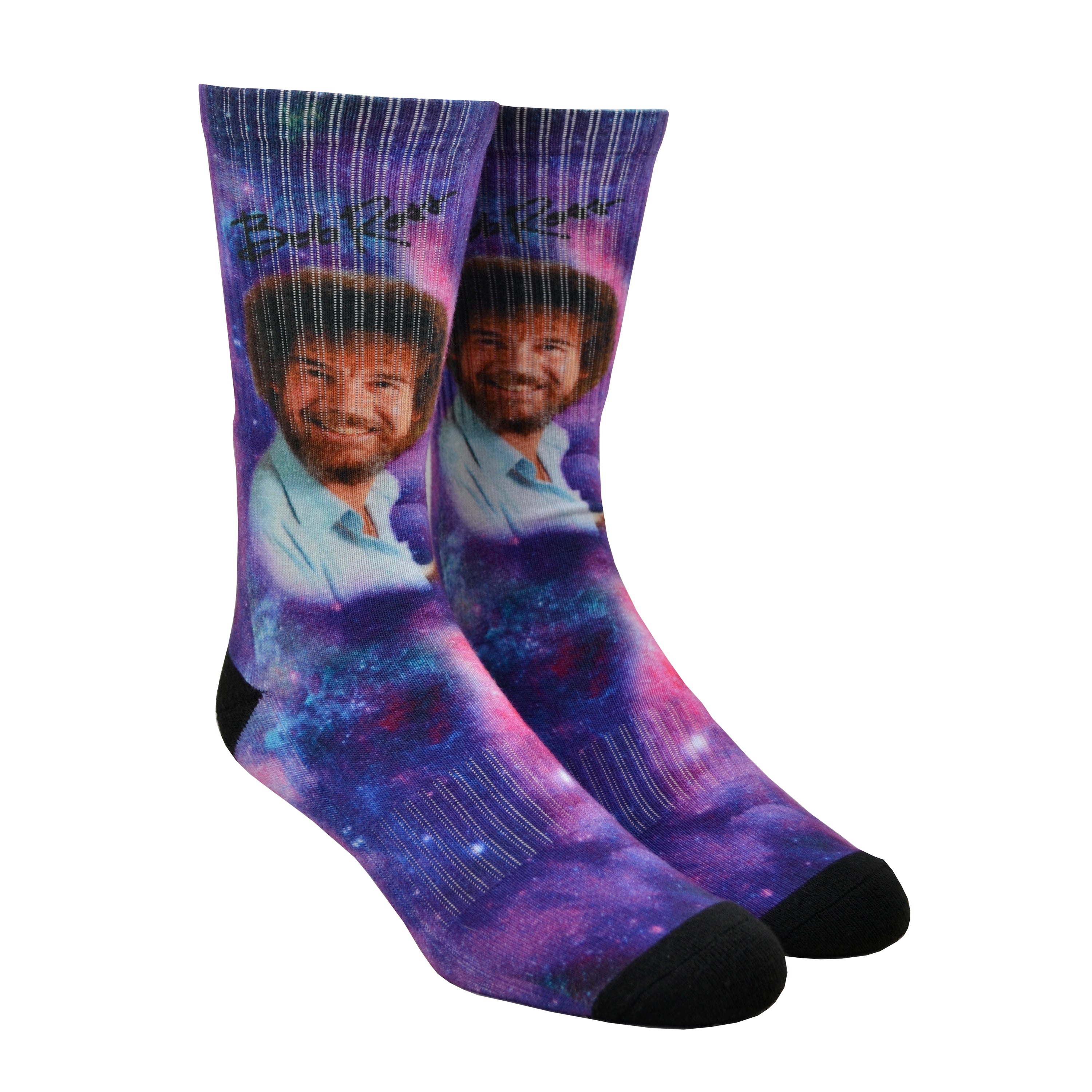 Artist Bob Ross is show floating through a purple galaxy on a unisex crew length sock by Good Luck socks.