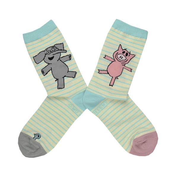 These cream cotton unisex crew socks with a contrasting gray and pink toe, blue cuff, and blue thin stripes by the brand Out of Print feature a gray elephant on one leg and a pink pig on the other leg.