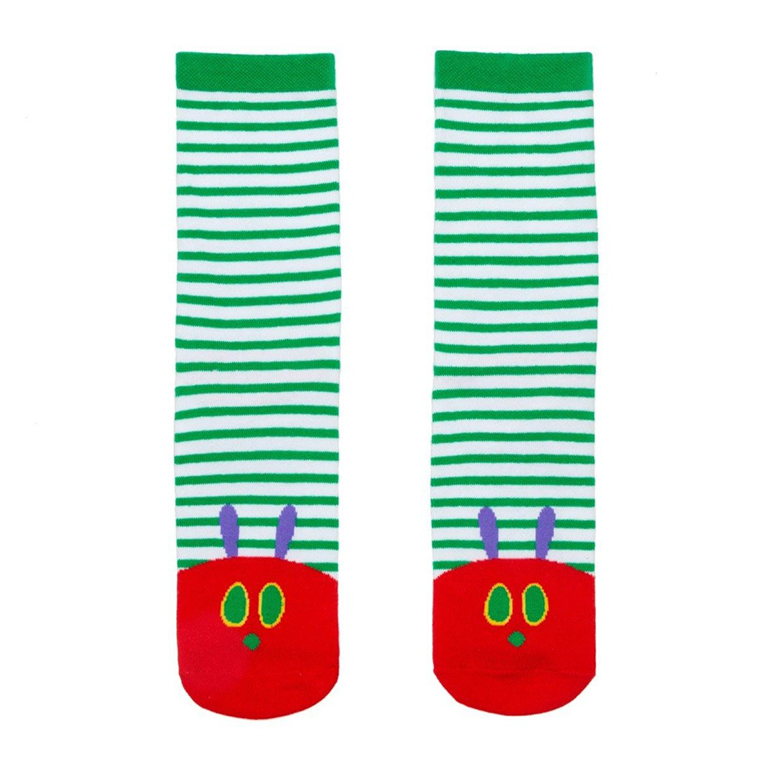 Shown in a flatlay, a pair of green and white striped cotton Out of Print brand unisex crew socks. These socks feature a red heel and toe with the iconic Very Hunger Caterpillar face on the toe.