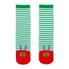 Shown in a flatlay, a pair of green and white striped cotton Out of Print brand unisex crew socks. These socks feature a red heel and toe with the iconic Very Hunger Caterpillar face on the toe.