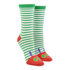 Shown on leg forms, a pair of green and white striped cotton Out of Print brand unisex crew socks. These socks feature a red heel and toe with the iconic Very Hunger Caterpillar face on the toe.