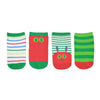 Shown in a flatlay, all 4 of the Kid's Very Hungry Caterpillar socks. From left to right these kid's cotton crew socks are as follows; a white sock with green heel/toe/cuff and yellow, blue, red, and green stripes, a red sock with green heel/toe/cuff and a caterpillars face, a white and red sock with green cuff and red heel and toe features the caterpillars face on the toe, and a light and dark green striped sock with a red heel and toe.