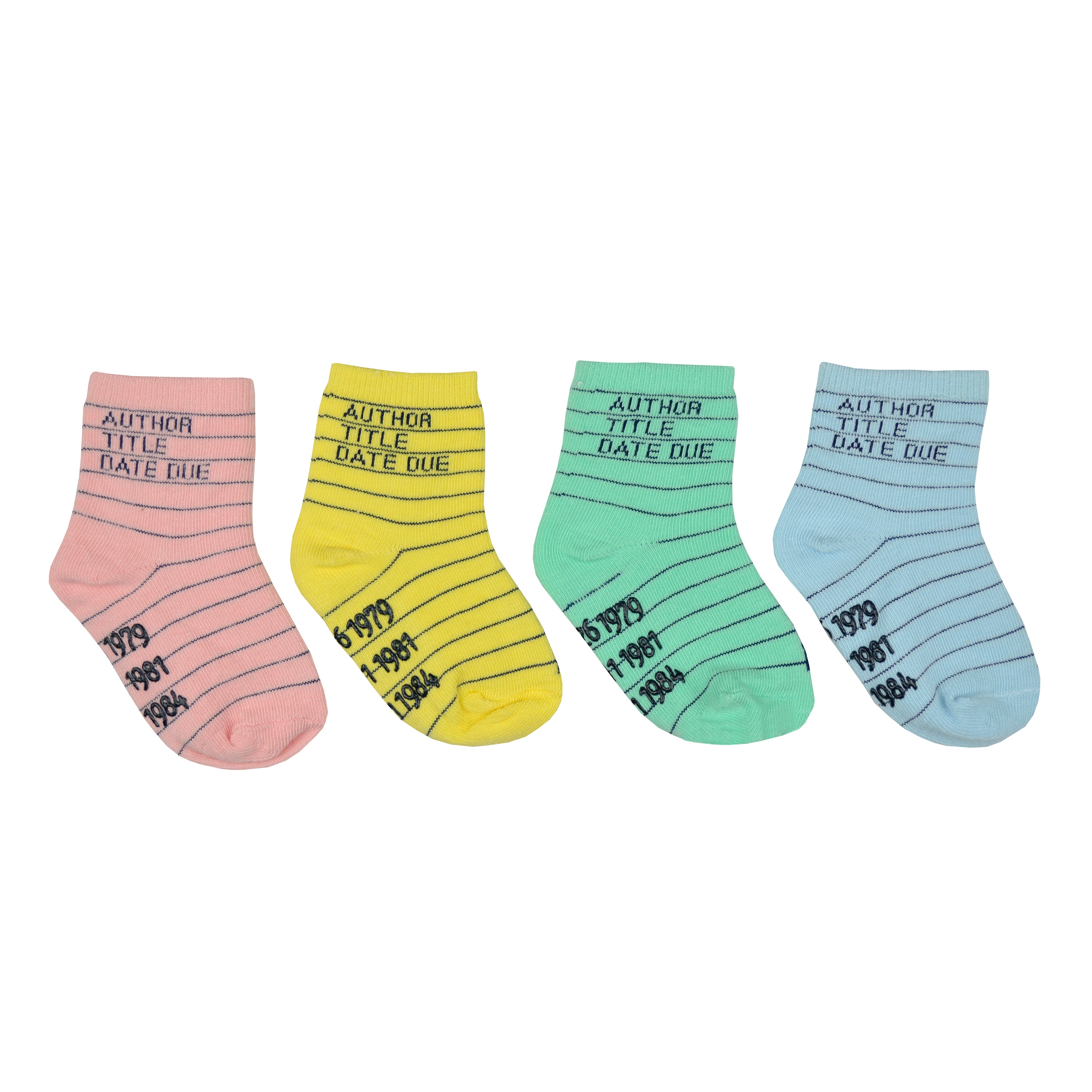 This 4 pack of kids socks by the brand Out of Print features a crew length library card design and comes with pink, yellow, green, and blue socks.