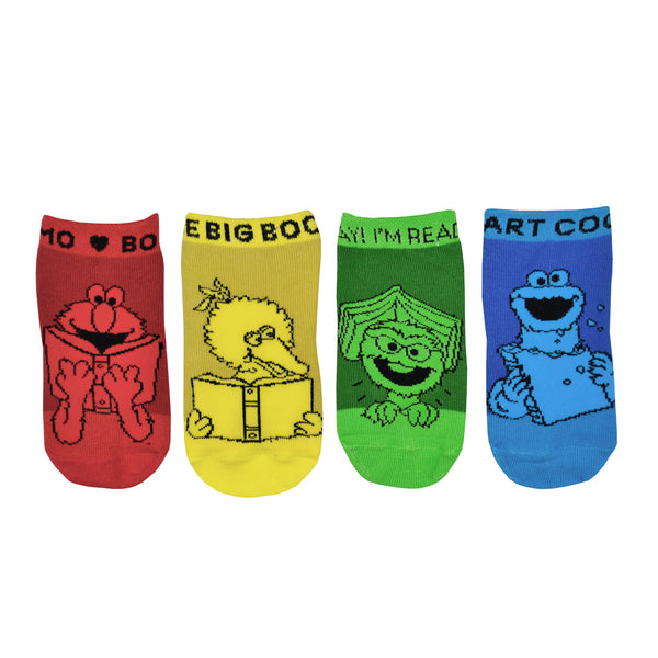 Out of Print brand 4 pack of Sesame Street themed kids cotton crew socks in 4 great colors and designs. From left to right the socks are red, yellow, green, and blue.