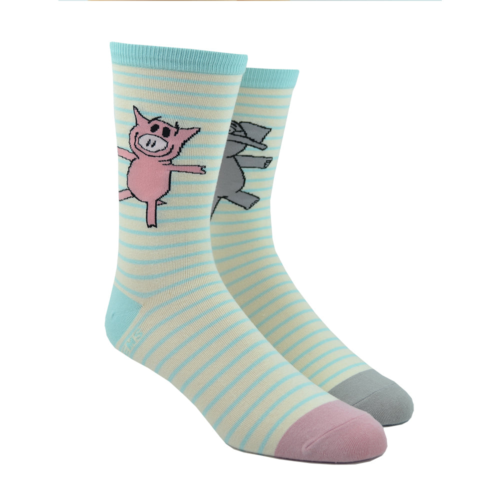Shown on a leg form, these cream cotton unisex crew socks with a contrasting gray and pink toe, blue cuff, and blue thin stripes by the brand Out of Print feature a gray elephant on one leg and a pink pig on the other leg.