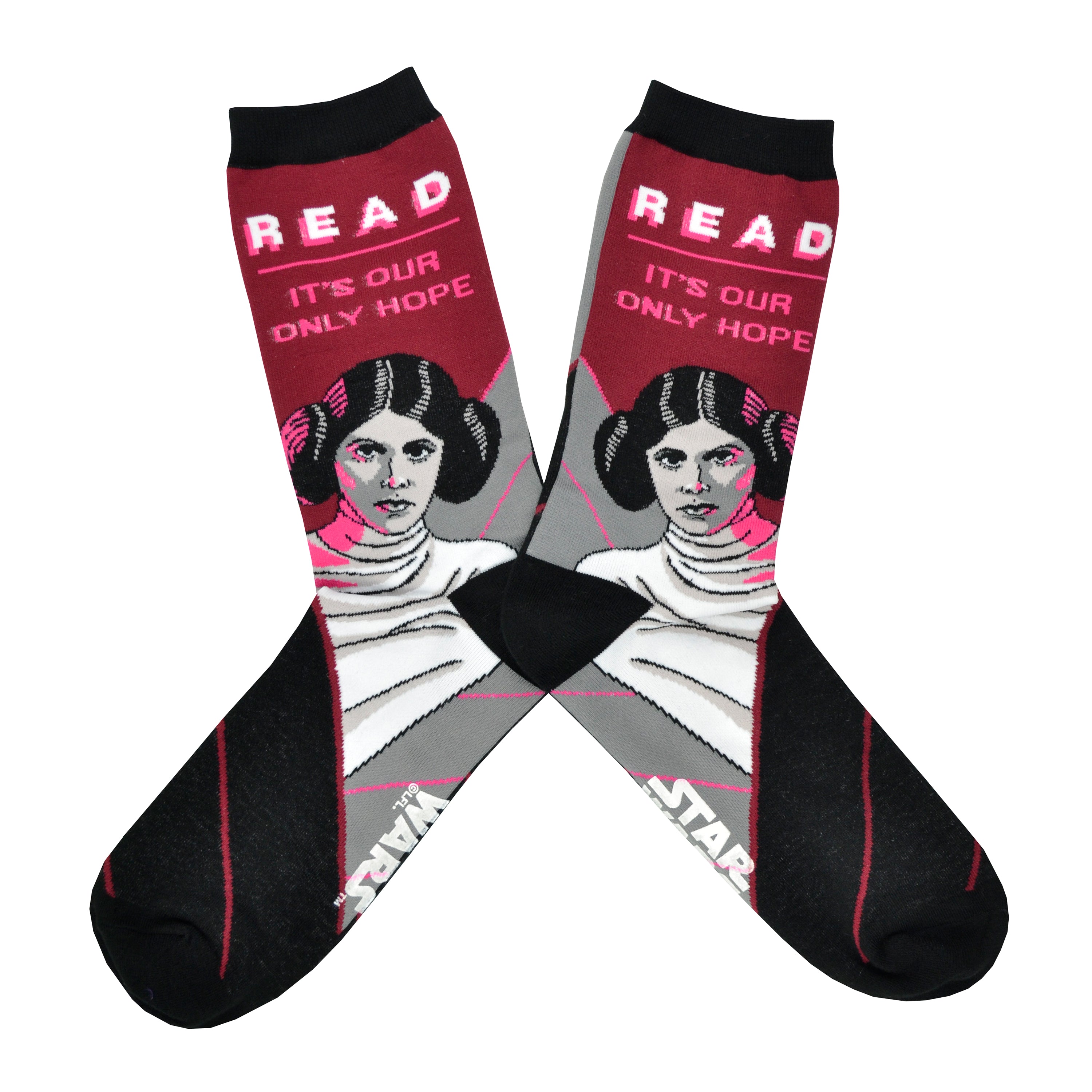 Shown in a flatlay, a pair of Out of Print brand unisex cotton crew socks. The heel, cuff, and toe are all black with the leg of the sock featuring Princess Leia from Star Wars and the text, 