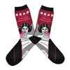 Shown in a flatlay, a pair of Out of Print brand unisex cotton crew socks. The heel, cuff, and toe are all black with the leg of the sock featuring Princess Leia from Star Wars and the text, " READ IT'S OUR ONLY HOPE".
