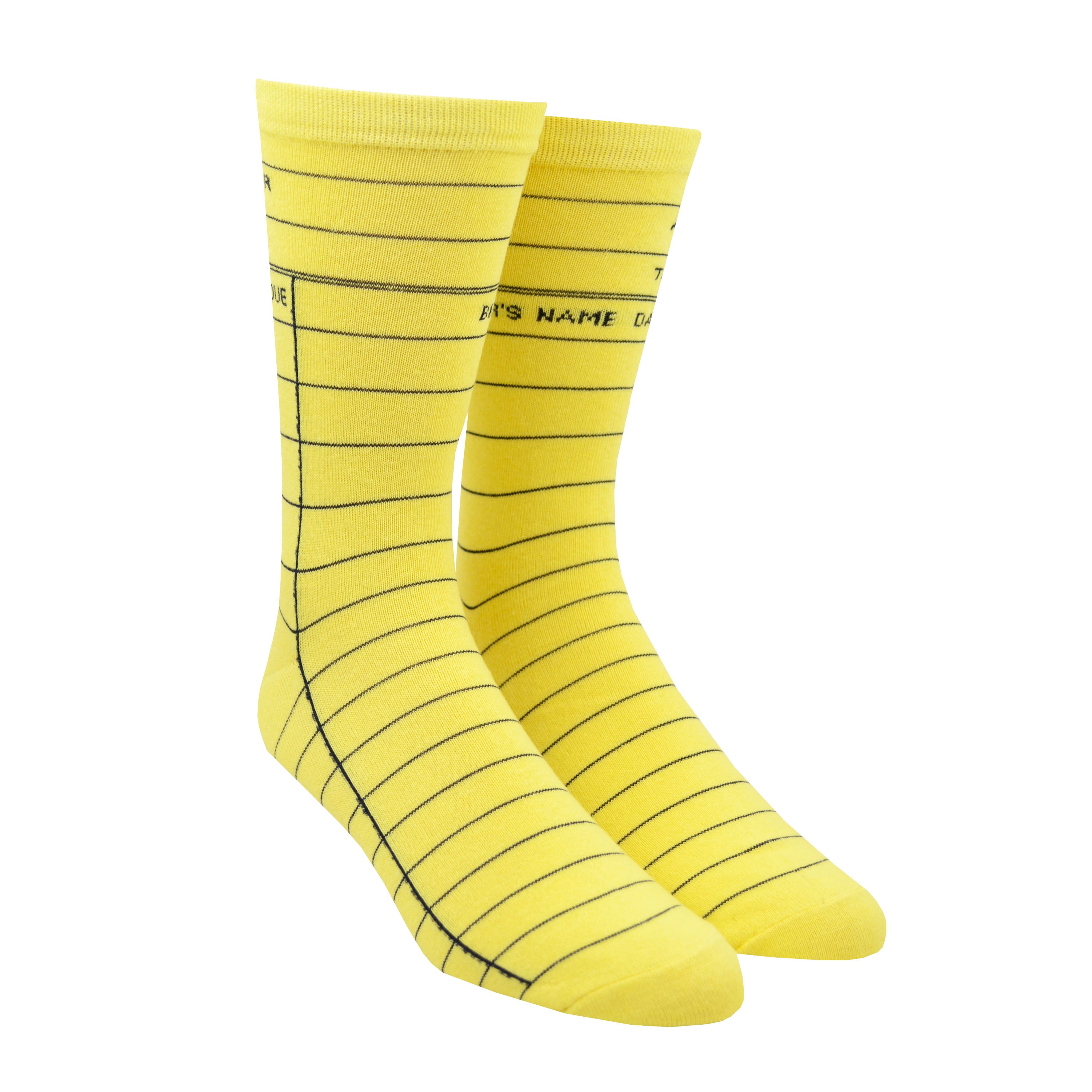 Shown on a leg form in the men's size, these yellow cotton unisex crew socks by the brand Out of Print feature the iconic library card design with the words 