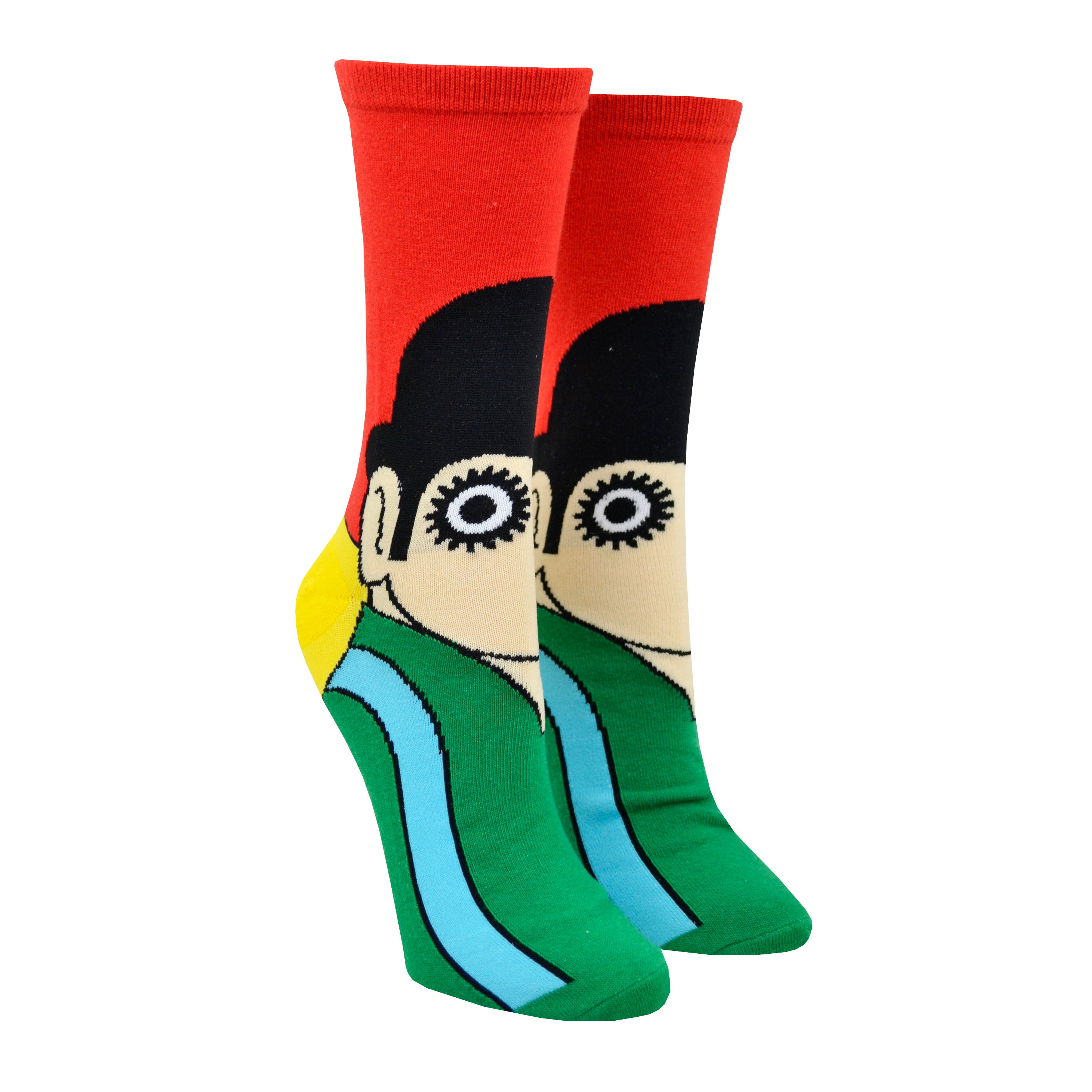Shown on foot forms, a pair of Out of Print brand unisex cotton crew sock featuring the 1972 cover of the novel A Clockwork Orange by Anthony Burgess. This image is known as the 'cog eyed droog' with a red background, a black bowler hat, a single eye, and a green shirt.
