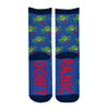 Shown in a flatlay, the rear side of a pair of unisex Out of Print blue cotton crew socks with green goofy faces sticking out their tongue like on the book cover, “Don’t” on the sole of one foot, “Panic” on the other, and navy cuff/heel/toe