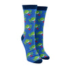 Shown on a small foot form, a pair of unisex Out of Print blue cotton crew socks with green goofy faces sticking out their tongue like on the book cover, “Don’t” on the sole of one foot, “Panic” on the other, and navy cuff/heel/toe