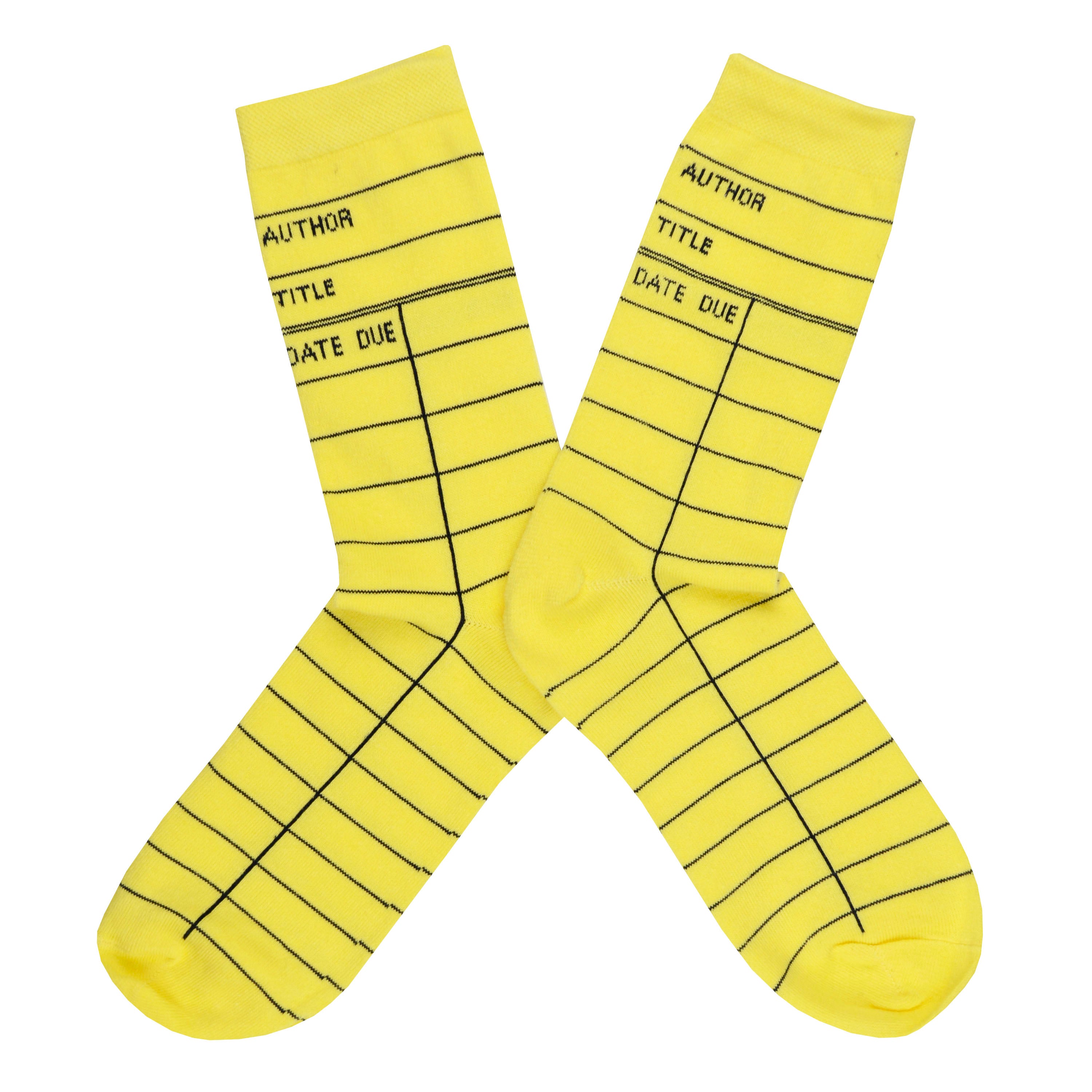 These yellow cotton unisex crew socks by the brand Out of Print feature the iconic library card design with the words 