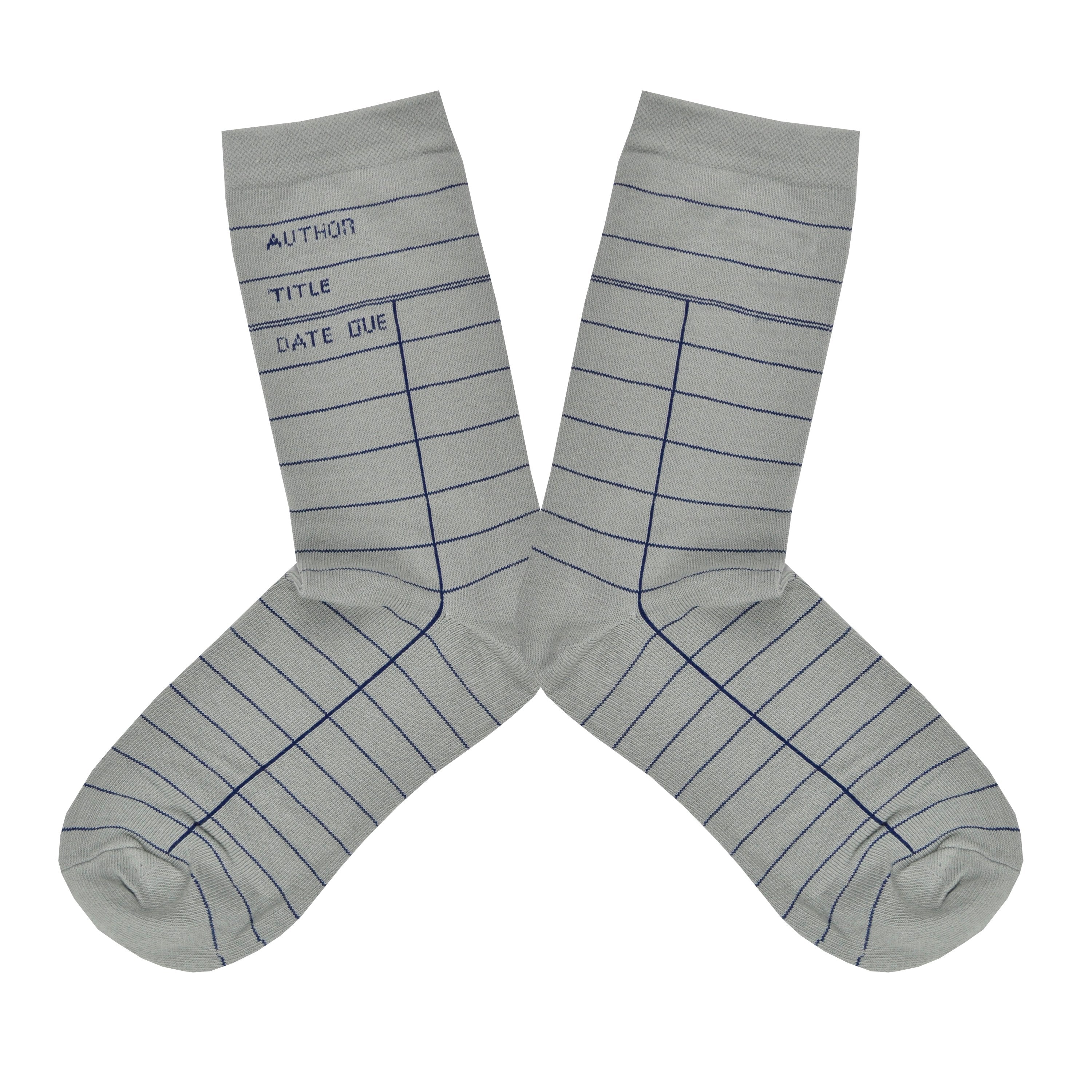These gray cotton unisex crew socks by the brand Out of Print feature the iconic library card design with the words 