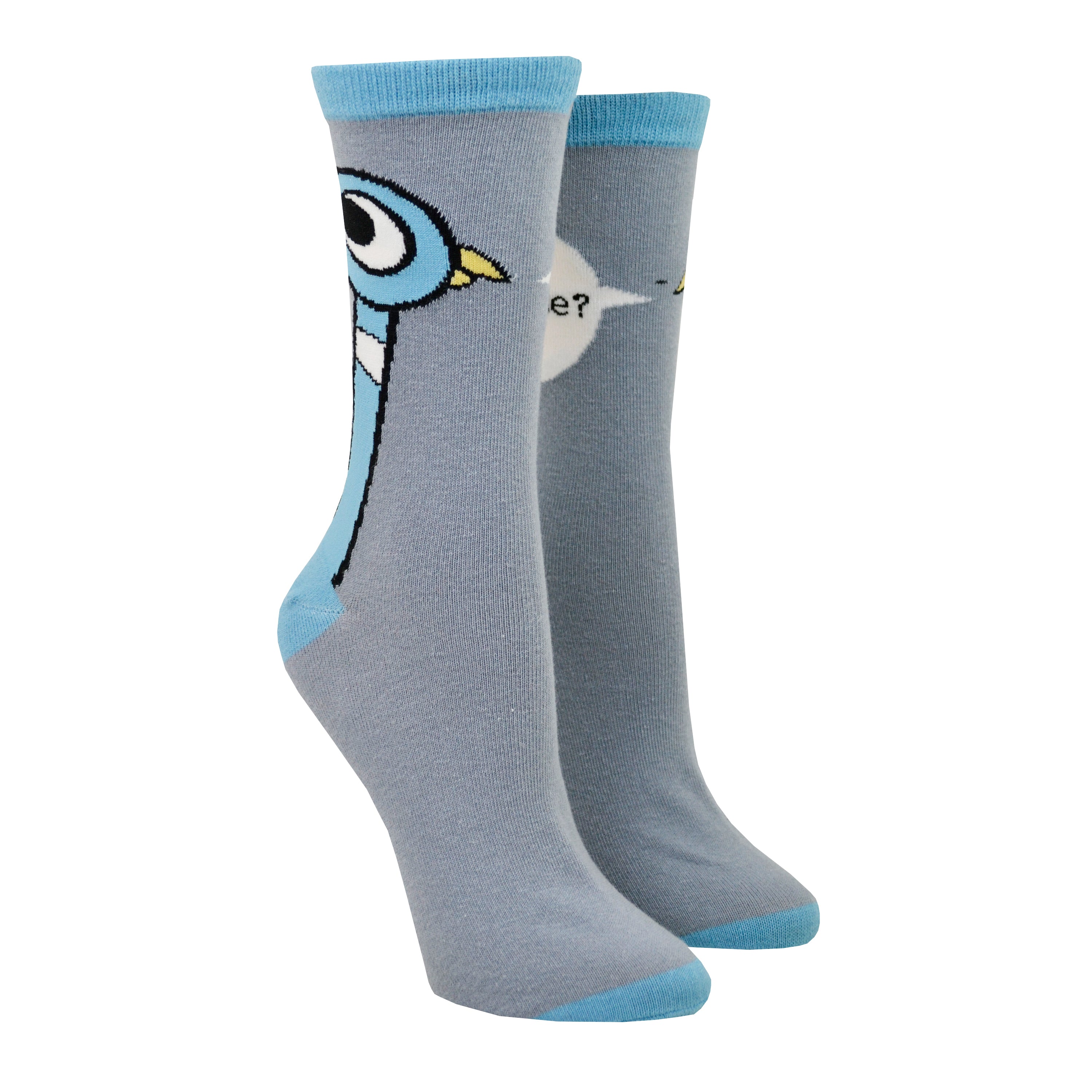 Shown on a small foot form, a pair of unisex Out of Print gray cotton crew socks with illustrated pigeon cartoon on outside of ankle