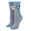 Shown on a small foot form from different angle, a pair of unisex Out of Print gray cotton crew socks with illustrated pigeon cartoon on outside of ankle
