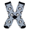 Shown in a flatlay, a pair of Out of Print brand unisex cotton crew socks in grey with black heel/toe/cuff. The sock features all over motif of cartoon Edgar Allen Poe faces as if they were polka-dots.