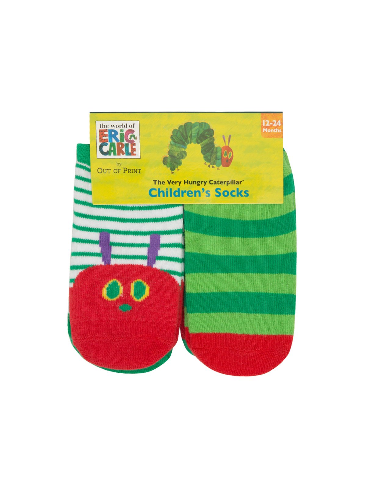 The Very Hungry Caterpillar socks from Out of Print in packaging showing 2 of the 4 pairs.