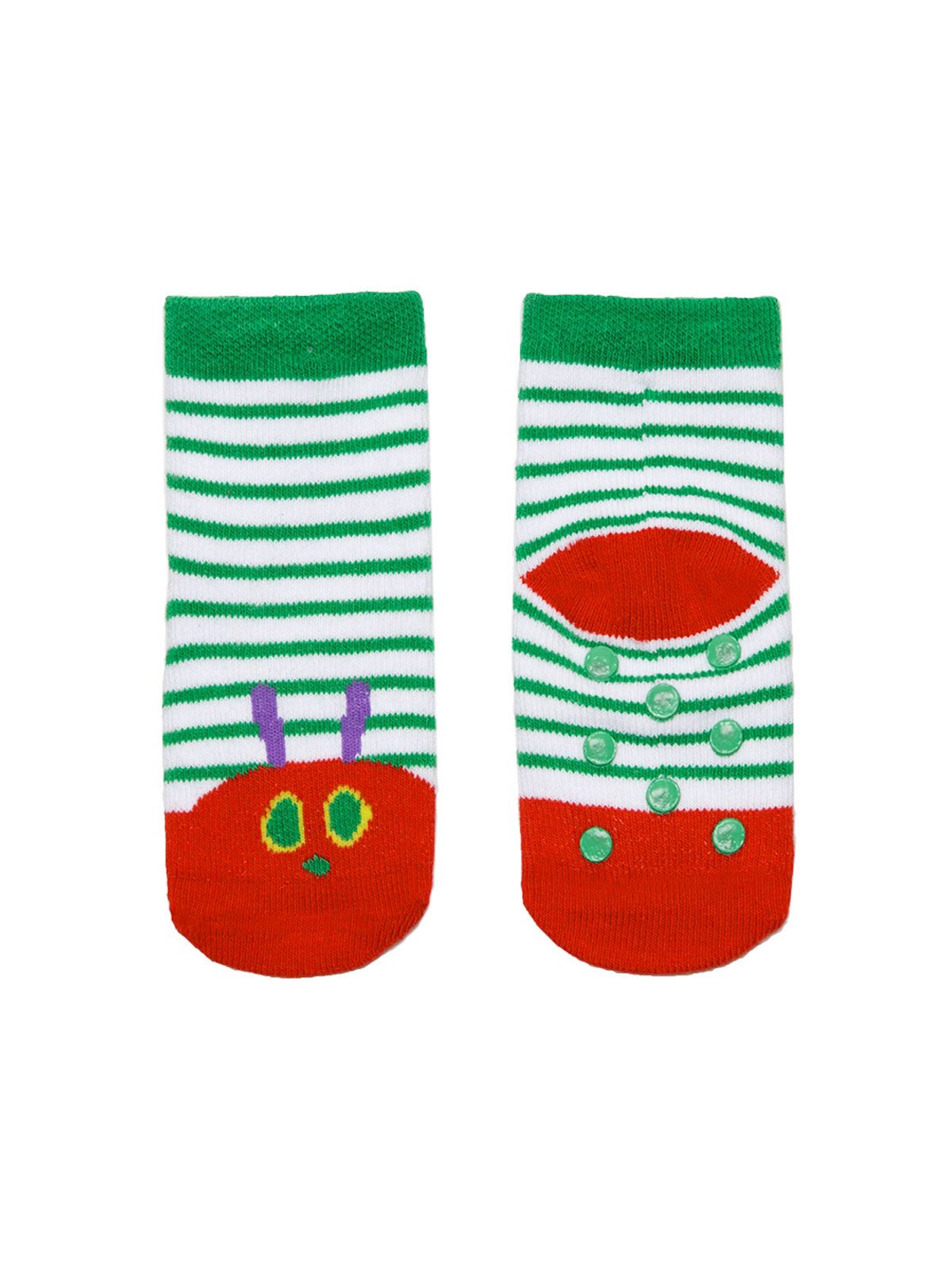 Shown from the front and back the white sock with green stripes and green cuff features a red heel and toe with the caterpillars face and antenna on on the toe. These socks also feature rubber grips on the foot.