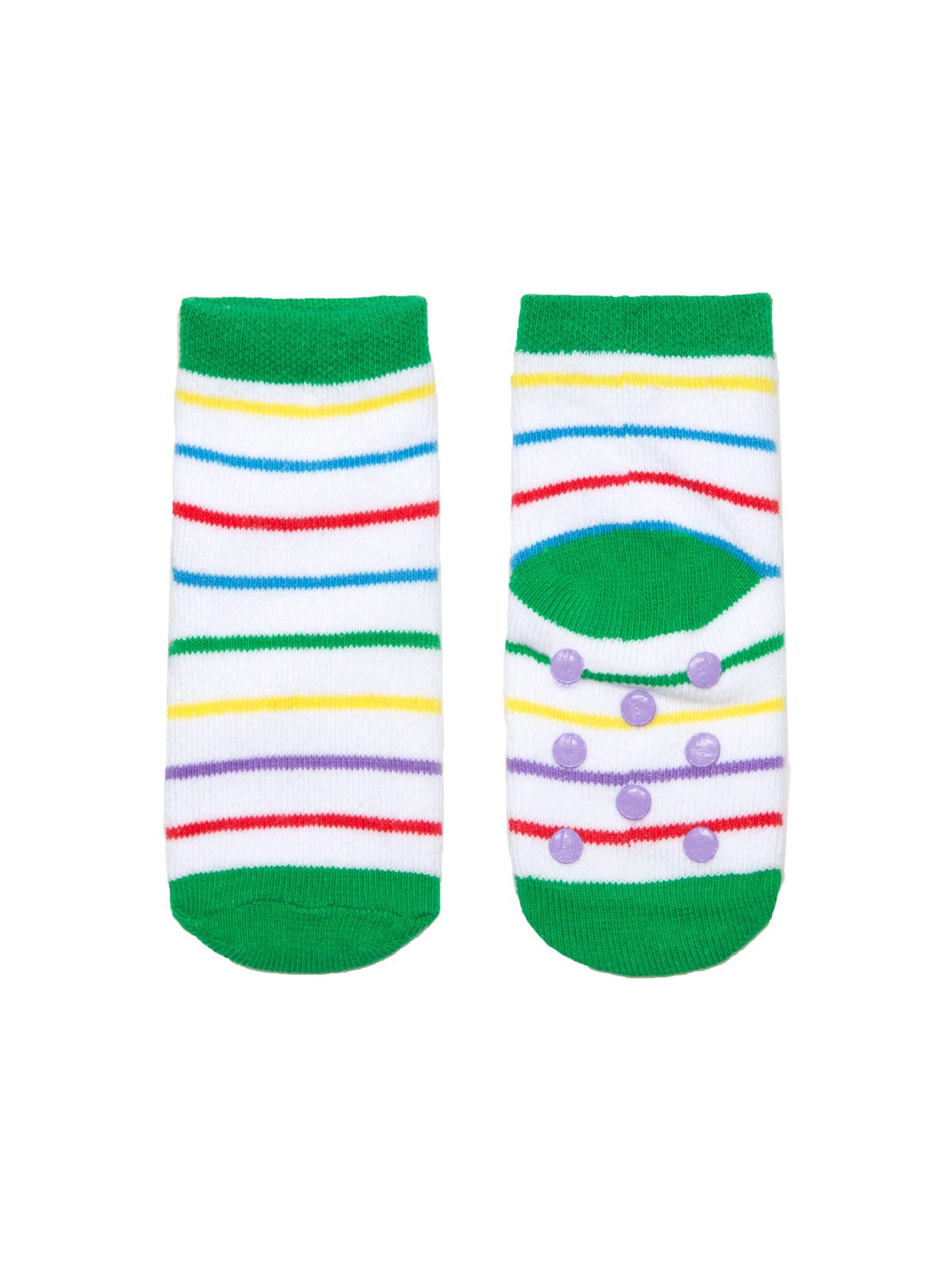 Shown from the front and back, the white socks with a green heel, toe, and cuff feature  a yellow, blue, red, and green striped pattern. Theses socks also feature rubber grips on the foot.