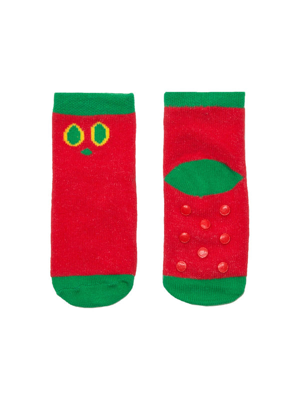 Shown from the front and back, a red sock with green heel, toe, and cuff features the caterpillars face at the top of the sock. These socks also have rubber grips on the foot.