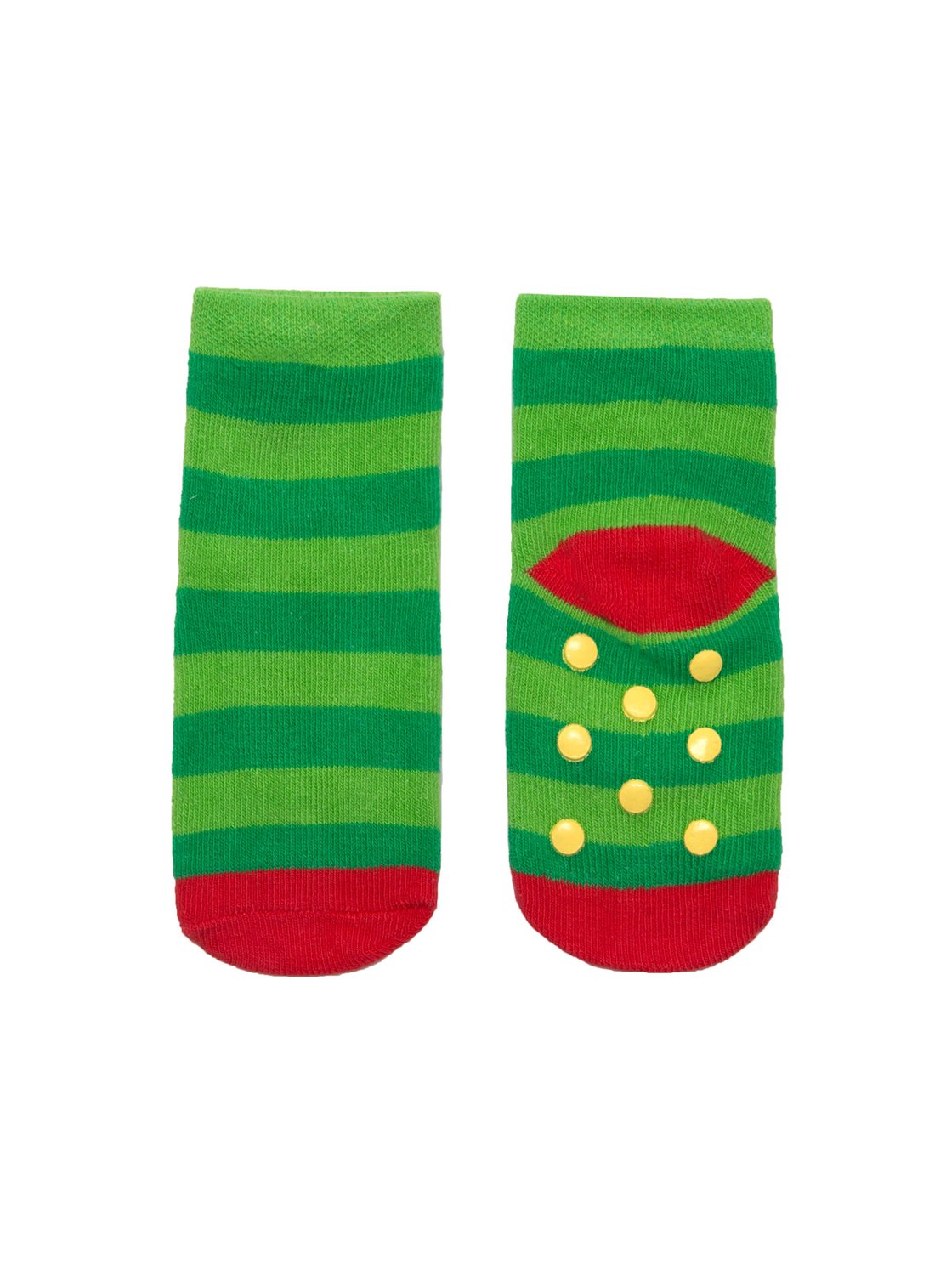 Shown from the front and back, a light and dark green striped sock with a red heel and toe. They also feature rubber grips on the foot.