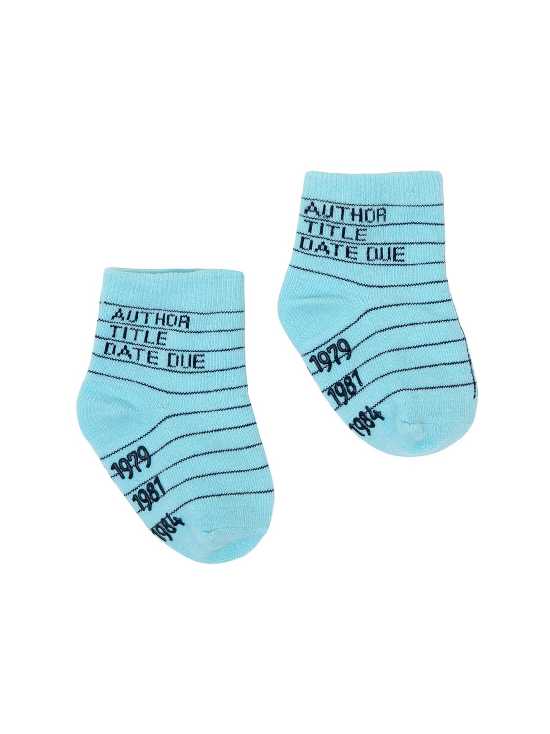 These kid's cotton crew socks in blue by the brand Out of Print feature the iconic library card design with the words 