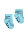 These kid's cotton crew socks in blue by the brand Out of Print feature the iconic library card design with the words "Author, Title, and Date Due" written on the leg and a grid for filling in the information running down the leg and foot.