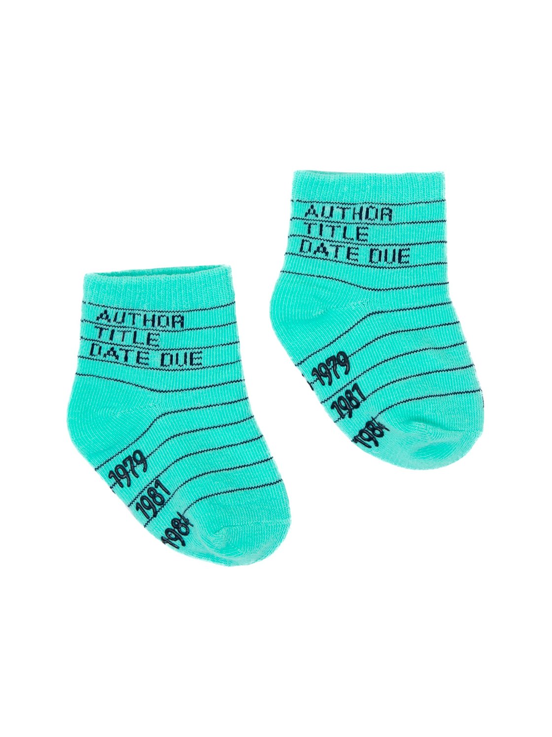 These kid's cotton crew socks in green by the brand Out of Print feature the iconic library card design with the words 