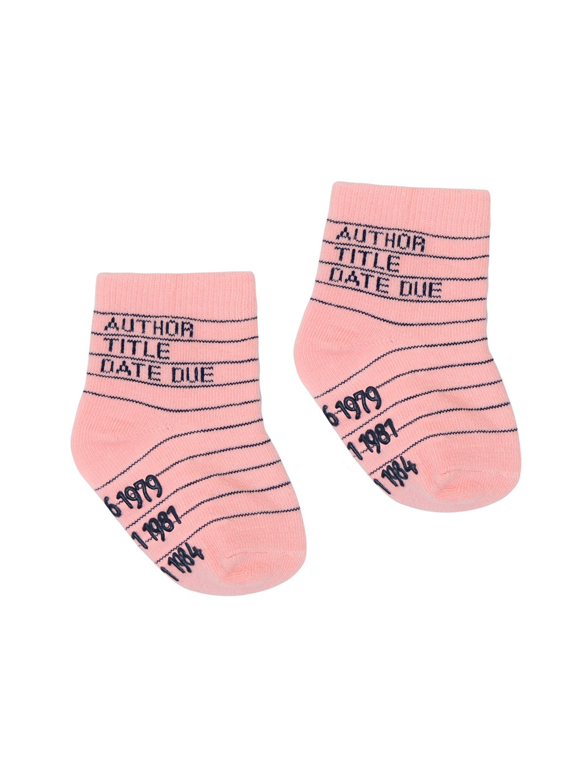 These kid's cotton crew socks in pink by the brand Out of Print feature the iconic library card design with the words 