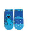 Out of Print brand cotton kids crew length sock in blue featuring the Cookie Monster eating a book. The text along the top of the sock reads, "Smart Cookie". These socks also have silicon non-slip dots on the sole.