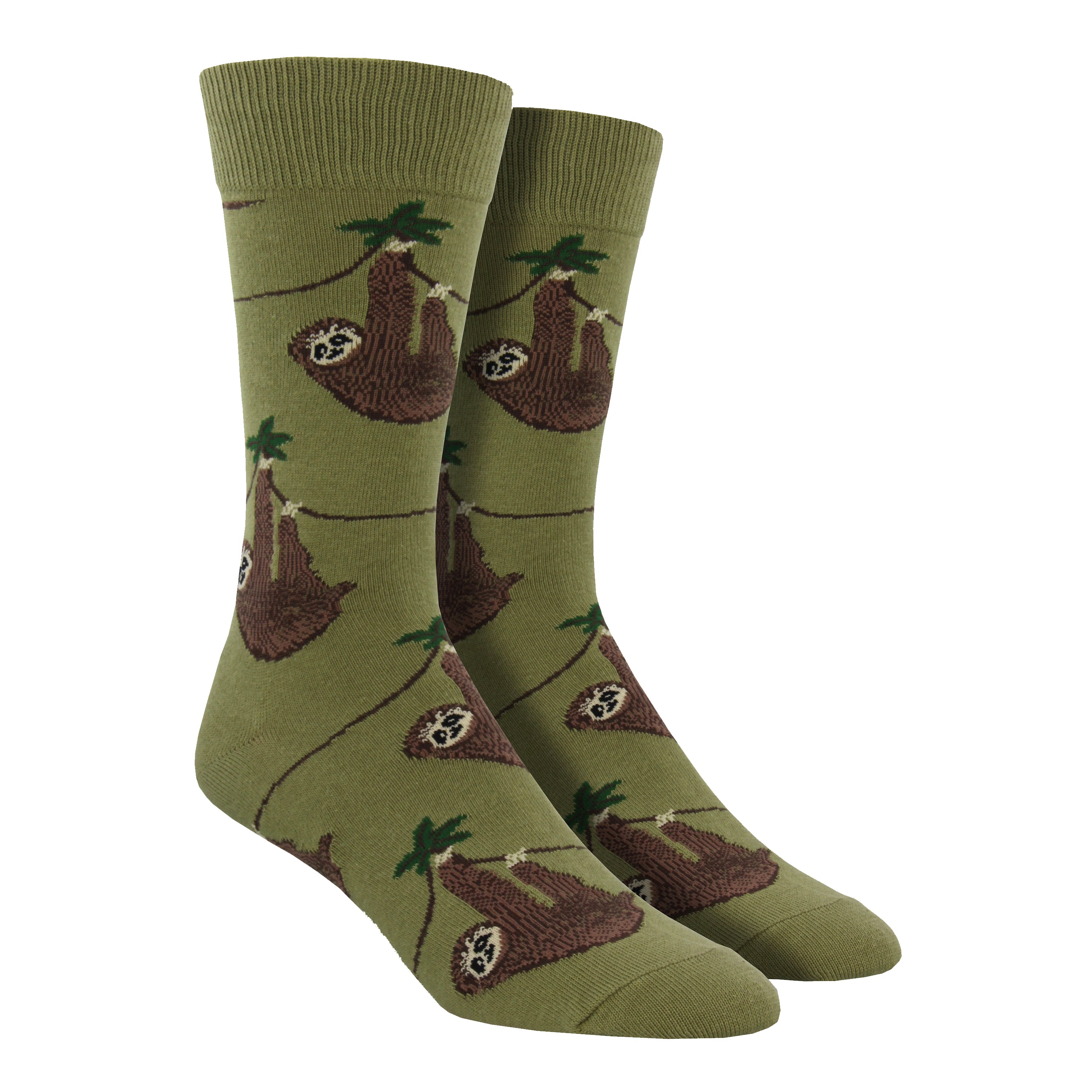 Shown on a foot form, a pair of Socksmith's soft green cotton men's crew socks with chill sloths hanging from vibes