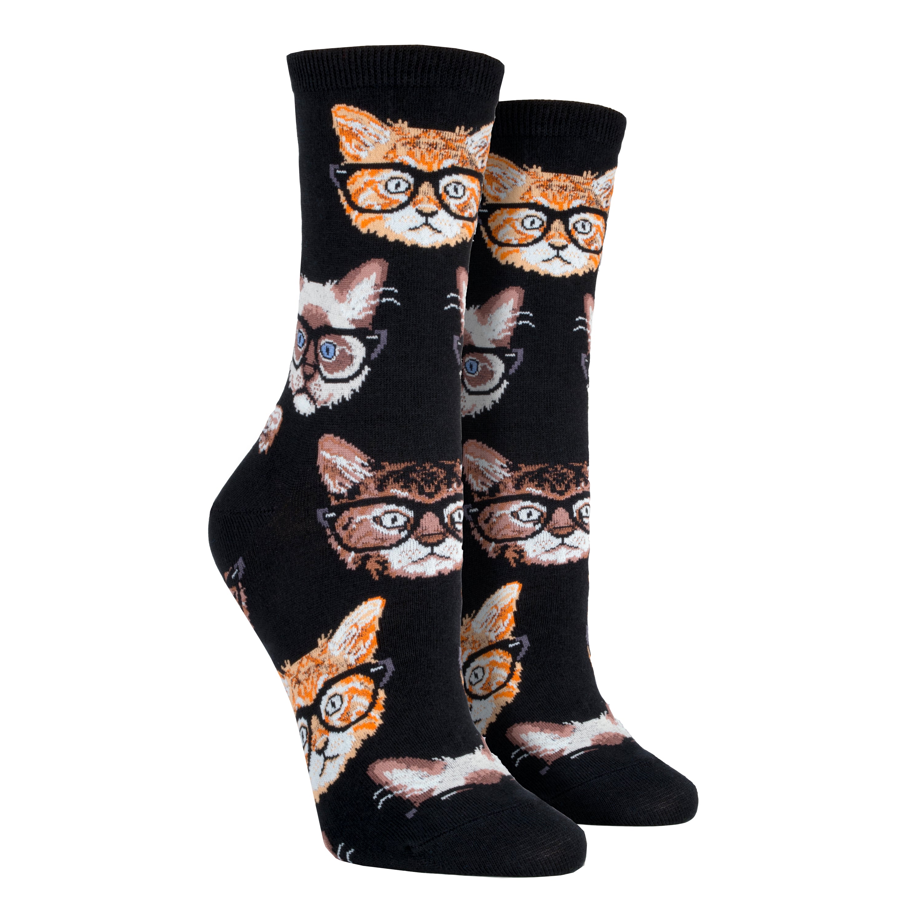 Shown on leg forms, a pair of black socks with different types of cat faces wearing black rimmed 