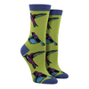 Shown on leg forms, a pair of Socksmith brand women's bamboo crew socks in citron green with a purple toe, heel, and cuff. This sock features a pink and blue hummingbird design all over the sock.