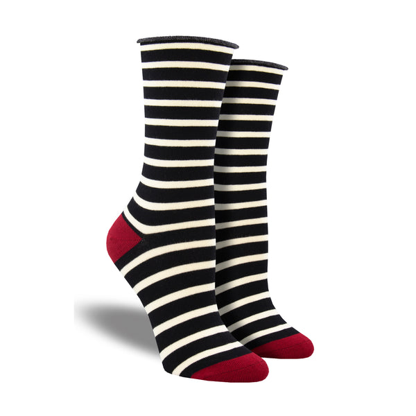 Shown on leg forms, a pair of Socksmith brand women's bamboo crew roll-top socks in black and white stripes with a red heel and toe.