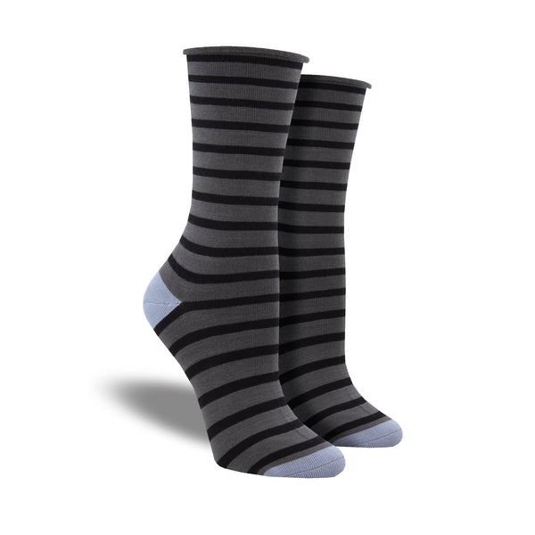 Shown on leg forms, a pair of Socksmith brand women's bamboo crew roll-top socks in black and grey stripes with a blue heel and toe.
