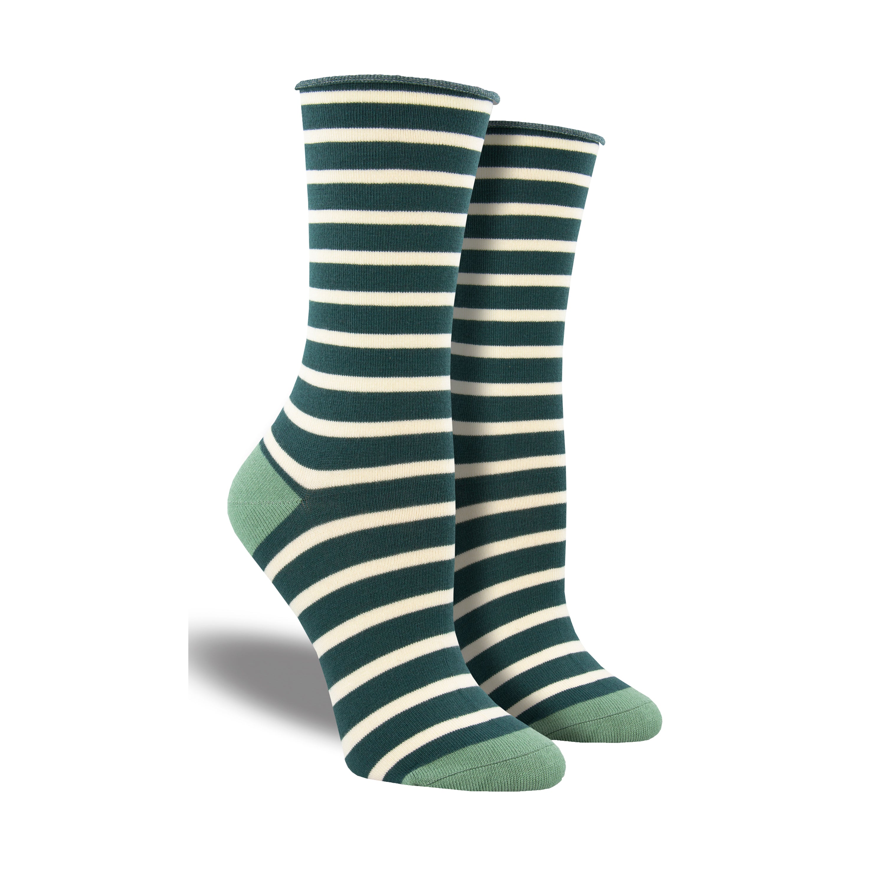 Shown on leg forms, a pair of Socksmith brand women's bamboo crew roll-top socks in green and white stripes with a light green heel and toe.