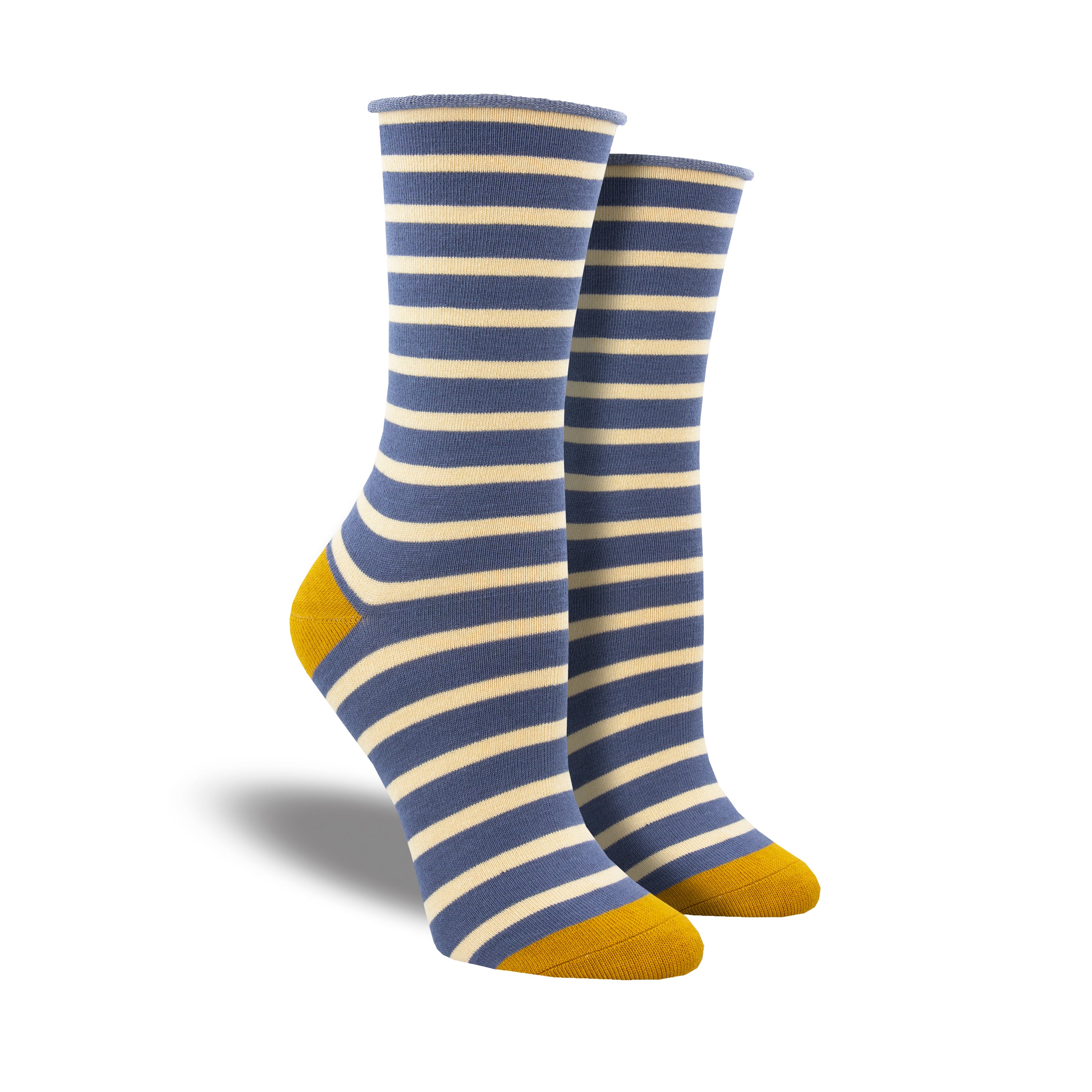 Shown on leg forms, a pair of Socksmith brand women's bamboo crew roll-top socks in blue and white stripes with a yellow heel and toe.