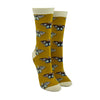 Shown on leg forms, a pair of Socksmith brand women's bamboo crew socks in gold with an ivory heel, toe, and cuff. This sock has an all over motif of vintage Polyphemus moths in brown, blue, black, and white.